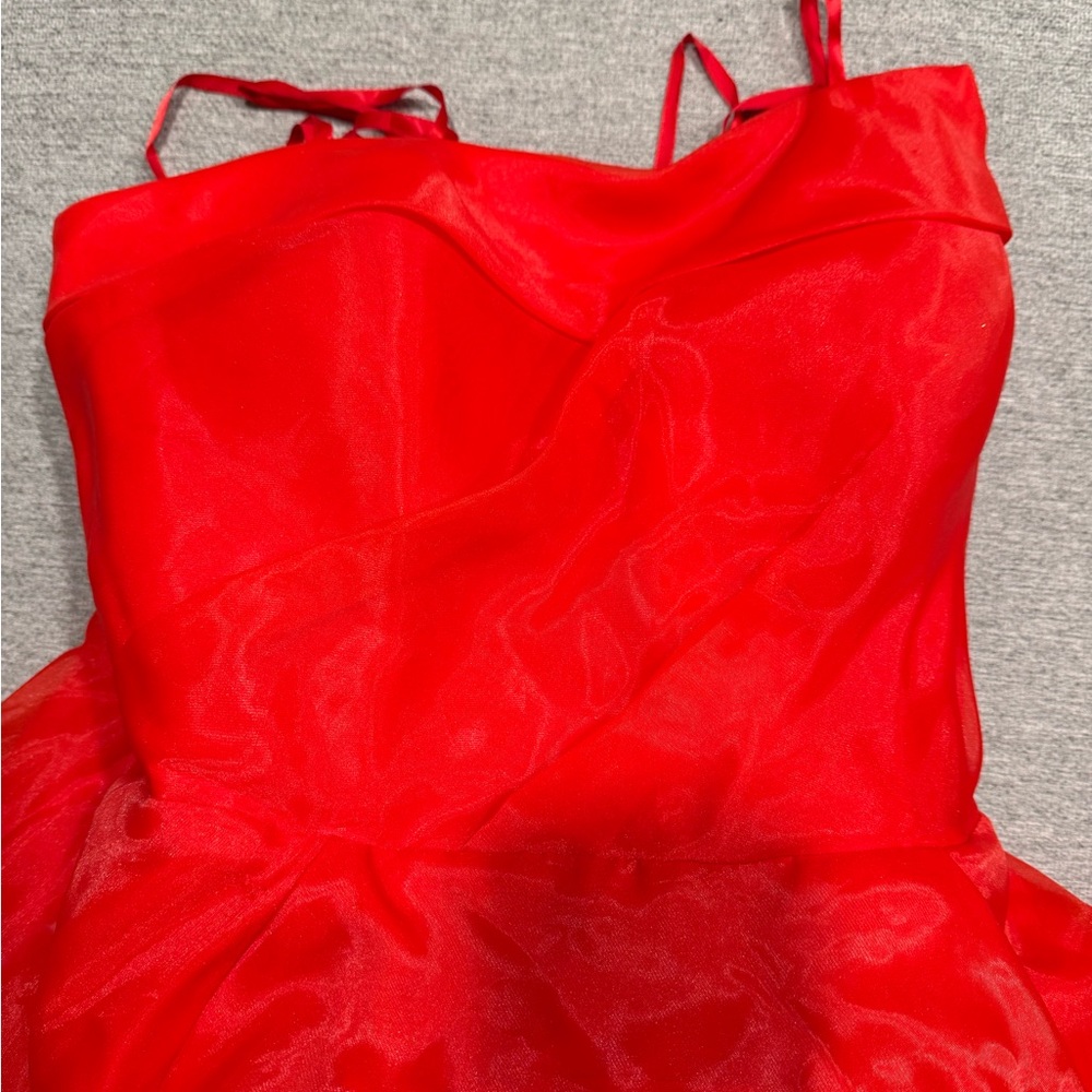 Red Bariano strapless prom dress